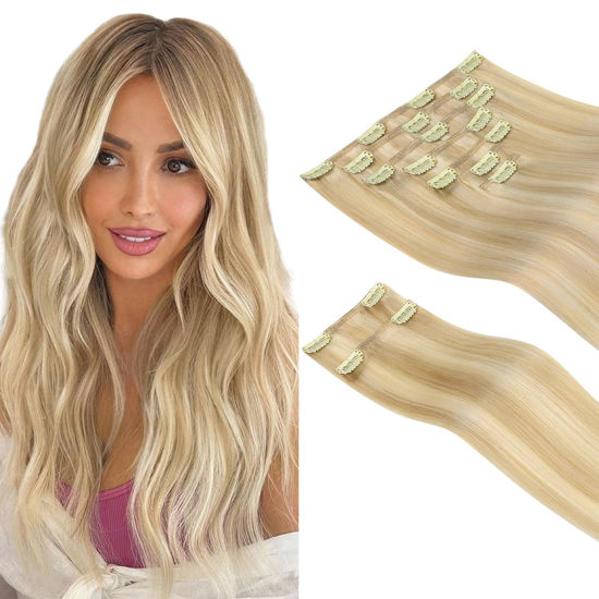 Picture of HOTBANANA Clip in Hair Extensions Real Human Hair 140g 9pcs 22 inch Dirty Blonde Mixed Bleach Blonde Clip in Human Hair Extensions Straight Remy Hair Extensions Full Head