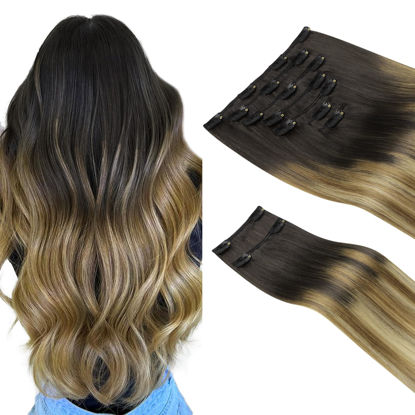 Picture of HOTBANANA Clip in Hair Extensions Real Human Hair 140g 9pcs 18 inch Balayage Ombre Brown to Dirty Blonde Clip in Human Hair Extensions Straight Remy Hair Extensions Full Head