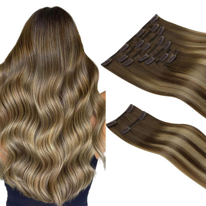 Picture of HOTBANANA Clip in Hair Extensions Real Human Hair 140g 9pcs 24 inch Chocolate Brown with Honey Blonde Clip in Human Hair Extensions Straight Remy Hair Extensions Full Head