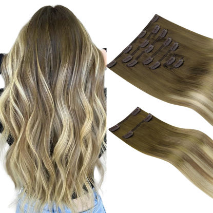 Picture of HOTBANANA Clip in Hair Extensions Real Human Hair 140g 9pcs 16 inch Walnut Brown to Ash Brown and Bleach Blonde Clip in Human Hair Extensions Straight Remy Hair Extensions Full Head