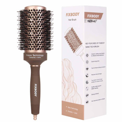 Picture of FIXBODY Hair Brush, Round Brush for Blow Drying, Curling, Styling, Nano Thermal Ceramic & Ionic Tech, Boar Bristle, 3.3 inch, 2 inch Barrel, for Women, Volume & Shine, Brown, Hair Brush for Thick Hair