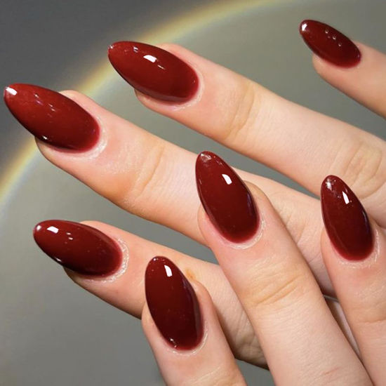 Picture of GLAMERMAID Cherry Red Press on Nails Medium Almond, Handmade Jelly Soft Gel Dark Red Glue on Nails Stiletto, Burgundy Emo Fake Nails Short Oval, Reusable Acrylic Stick on False Nails Kit for Women