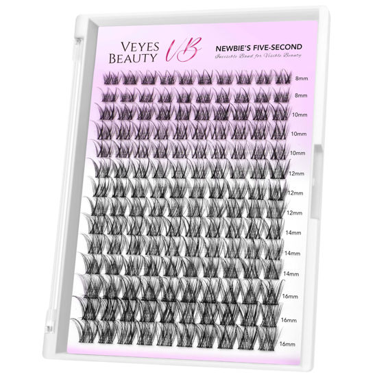 Picture of VEYESBEAUTY Lash Clusters Individual Eyelash Extensions Thin & Invisible Band DIY False Eyelashes for Self-application Newbie's Five-Second Series Wispy Lash Tray, LuxeBold 8-16mm Mixed Length