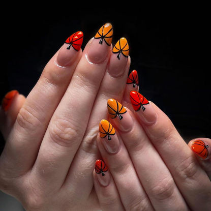 Picture of Halloween Fake Nails Medium Almond French Tip Press on Nails Nude Full Cover Pumpkin Nail Tip False Nails with Designs Glossy Glue on Nails Cute Acrylic Nails Artificial Nails for Women Girls 24Pcs