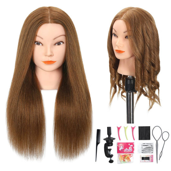 Picture of Opini Mannequin Head with 100% Real Human Hair Cosmetology Mannequin Doll Head for Practice Braiding Hairdresser Head with Stand and Tool (#Light Brown)