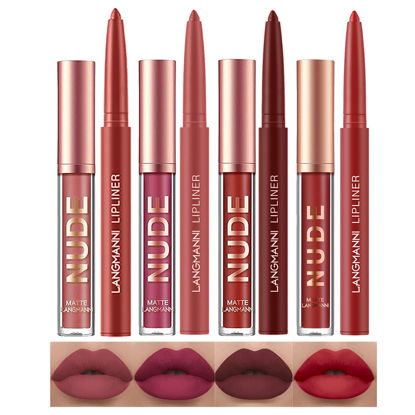 Picture of LANGMANNI 4pcs Matte Lipstick with Lipliners Durable Makeup Set,Long-Lasting Non-Stick Cup Not Fade Waterproof Pigmented Velvet Lipgloss Kit Beauty Cosmetics Makeup Gift for Girls(#3+4+6+12)