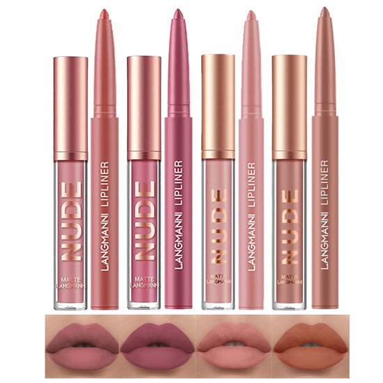 Picture of LANGMANNI 4pcs Matte Lipstick with Lipliners Durable Makeup Set,Long-Lasting Non-Stick Cup Not Fade Waterproof Pigmented Velvet Lipgloss Kit Beauty Cosmetics Makeup Gift for Girls(#1+2+8+11)