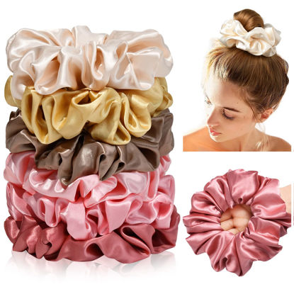 Picture of CEELGON Large Silk Satin Scrunchies for Women Big Scrunchies Jumbo Satin Hair Ties Oversized Hair Scrunchies for Thick Curly Hair Pack of 6 (Pink,Champagne,Ivory,Gold)
