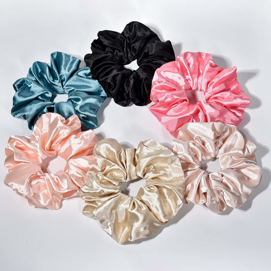 Picture of CEELGON Big Real Silk Scrunchies for Hair Satin Oversized for Sleep Large Scrunchie for Curly Hair Silk Thick Elastic Hair Ties Jumbo Hair Scrunchies 6 Pack (black, champagne, pink,khaki, blue, shell pink)