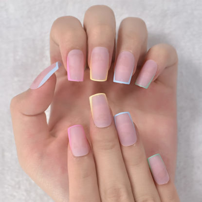 Picture of Coolnail Medium Square Semi-Transparent Matte Pink Nude Colorful Edge French Press on False Nail Reusable Fake Nails Art Tips