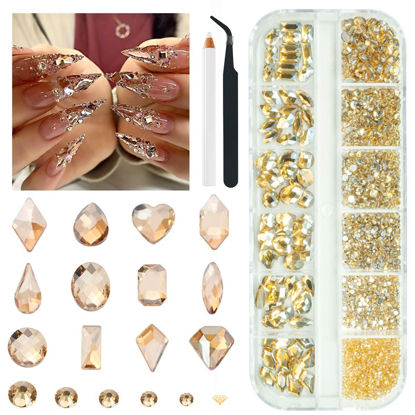 Picture of qiipii 2052Pcs Golden Rhinestones for Nails 72pcs Multi Shapes Crystal Flatback Champagne gold Rhinestones Gems +1980pcs Round Beads Glass Stones Diamonds Jewels w Wax Pen for Faces Eyes Makeup Crafts