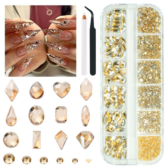 Picture of qiipii 2052Pcs Golden Rhinestones for Nails 72pcs Multi Shapes Crystal Flatback Champagne gold Rhinestones Gems +1980pcs Round Beads Glass Stones Diamonds Jewels w Wax Pen for Faces Eyes Makeup Crafts