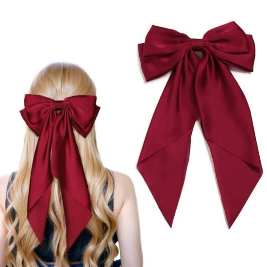 Picture of Women Big Bow Barrettes Girl's Satin Hairclips Long Ribbon Hair Pins Accessories For Party (Burgundy)