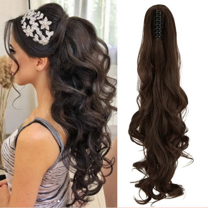 Picture of OMGREAT Long Claw Clip in Ponytail Extensions Synthetic Thick Hairpieces 24Inch Pony Tail for Women with a jaw Claw Medium Brown