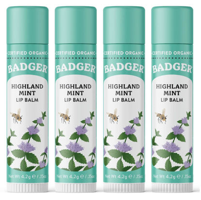 Picture of Badger - Classic Lip Balm, Highland Mint, Made with Organic Olive Oil, Beeswax & Rosemary, Certified Organic, Moisturizing Lip Balm, 0.15 oz (4 Pack)