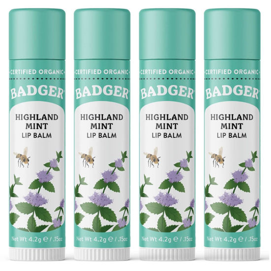 Picture of Badger - Classic Lip Balm, Highland Mint, Made with Organic Olive Oil, Beeswax & Rosemary, Certified Organic, Moisturizing Lip Balm, 0.15 oz (4 Pack)