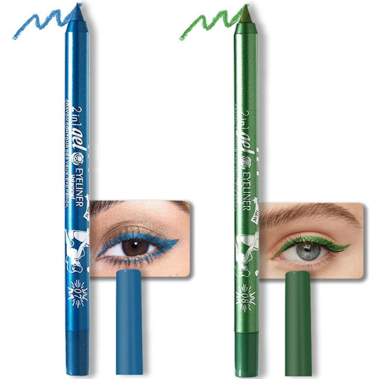 Picture of evpct 2Pcs Blue & Green Color Gel Glitter Eyeliner Pencils Set for Women Waterline Waterproof Smudge Proof lapiz de ojos delineador de ojos contra el agua Eye Liner Makeup