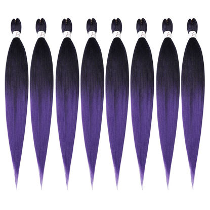 Picture of Pre-stretched Braiding Hair Extension 32 Inch Ombre Natural Black to Purple Professional Crochet Braiding Hair 8 Packs Hot Water Setting Perm Yaki Synthetic Hair for Twist Braids (32inch,1B/Purple)