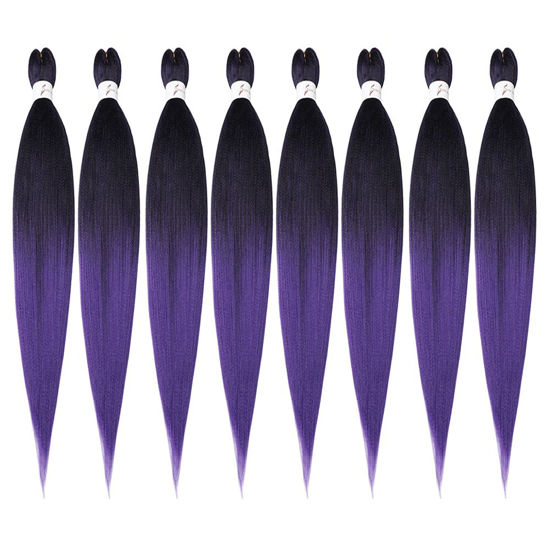Picture of Pre-stretched Braiding Hair Extension 32 Inch Ombre Natural Black to Purple Professional Crochet Braiding Hair 8 Packs Hot Water Setting Perm Yaki Synthetic Hair for Twist Braids (32inch,1B/Purple)