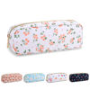 Picture of Waterproof Small Floral Pencil Case Makeup Bag for Purse,Cute Flower Pencil Pouch Preppy Nylon Makeup Brush Holder with Zipper,Girls Portable Storage Case Small Pen Bag for Work(Slim White-Flowers)