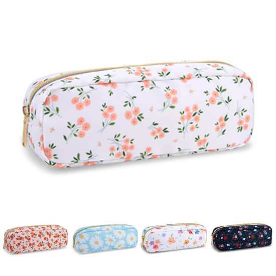 Picture of Waterproof Small Floral Pencil Case Makeup Bag for Purse,Cute Flower Pencil Pouch Preppy Nylon Makeup Brush Holder with Zipper,Girls Portable Storage Case Small Pen Bag for Work(Slim White-Flowers)