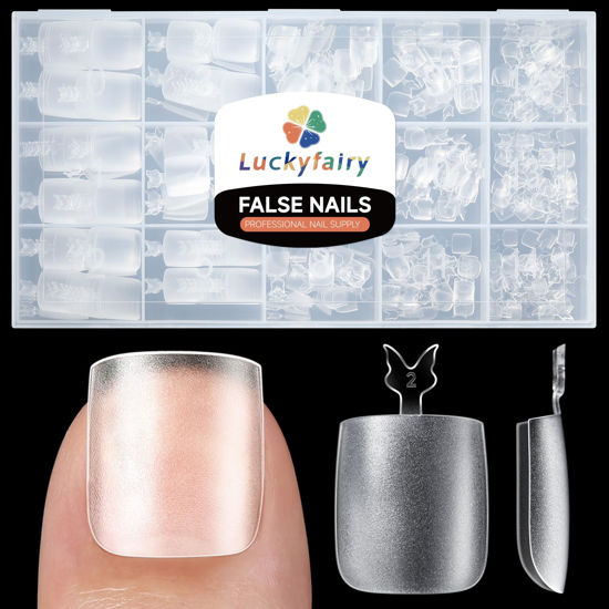 Picture of Square Toe Tips Gel x Full Cover Luckyfairy Toe Nail Press Ons No File 504pcs False Toenails Extension Kit Soak Off Clear Toe Acrylic False Nail Tips DIY Home Art Press On Nails French Style 15 Sizes
