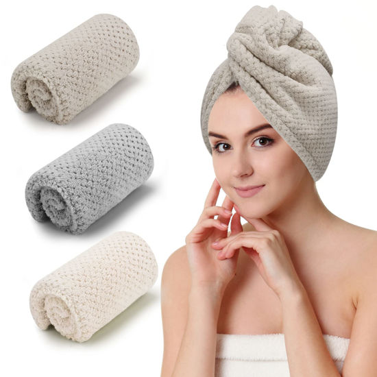 Picture of CZZXI 3 PCS Microfiber Hair Towel, Hair Wraps for Women Wet Hair, Fast Drying Hair Turban, Anti Frizz Head Towels Wrap for Curly Hair (Beige, Khaki, Grey)