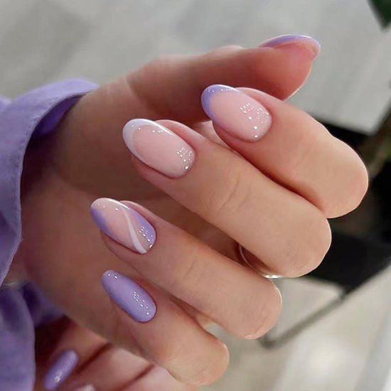 Picture of RikView French Tip Press on Nails Short Fake Nails Oval Purple Nails for Women with Swirls Design