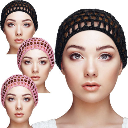 Picture of Geyoga 4 Pieces Mesh Crochet Hair Net Rayon Knit Snood Hat Thick Short Women Hairnet Snoods Cover Ornament for Sleeping (Black, Pink)