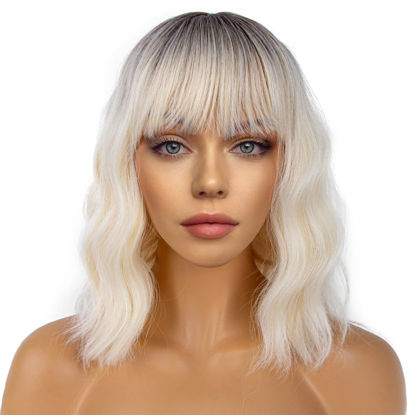 Picture of LANCAINI Short Bob Wigs with Bangs for Women Loose Wavy Wig Curly Wavy Shoulder Length Bob Synthetic Cosplay Wig for Girl Colorful Costume Wigs (Light Blonde Ombre)