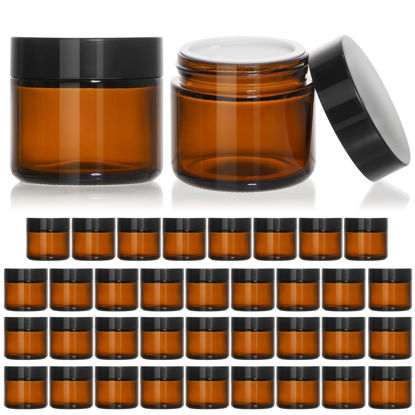 Picture of KEYWING 2oz Small Glass Jars, 35 Pack Amber Glass Cosmetic Jars with Black Lids, Round Sample Container with Inner Liners for Cream, Lotions, Powders and Ointments