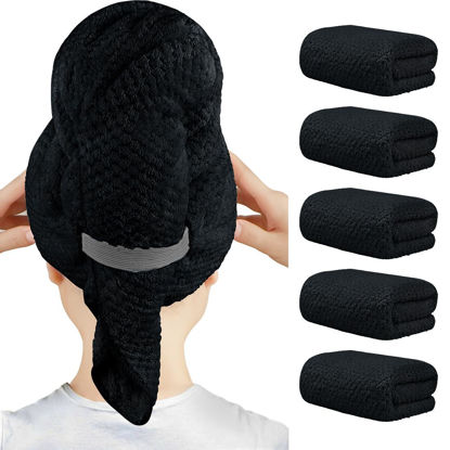 Picture of HOMEXCEL 5 Pack Large Microfiber Hair Towel Wrap for Women, Black- 40 x 20 inches Super Soft, Fast Drying Turbans for Long, Thick, Curly Hair - Anti Frizz Wrap with Elastic Strap