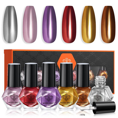 Picture of modelones Nail Polish Set 6 Colors, Metallic Mirror Red Pink Gold Silver Purple Chrome Mini Nail Lacquer Kit, Holographic Quick Dry Home DIY Manicure Nail Art Holiday Xmas Gift for Women Girls Party