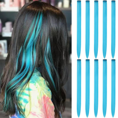 Picture of RINBOOOL Colored Hair Extensions Clip In for Kids Girls Women, Teal Blue 10 Pieces Rainbow Color, 22 Inch Long Straight Highlights Party, Synthetic