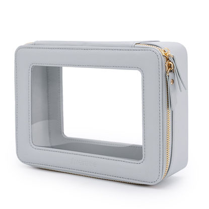 Picture of Aveniee Clear Makeup Bag for Women, Large Clear Cosmetic Bags Travel Toiletry Bag, Heavy Duty Makeup Organizer, Makeup Train Case with Clear Windows & Gold Zippers(Slate Blue)