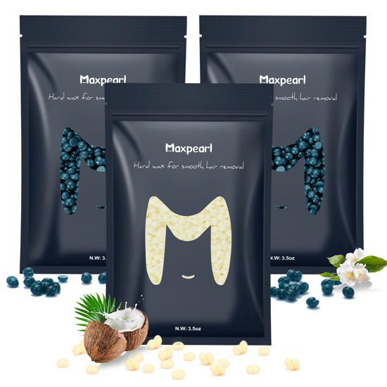 Picture of Maxpearl Hard Wax Beads, Pack of 3 Hair Removal Wax Beans Refill - Brazilian, Bikini Waxing, Face, Eyebrows, Underarms, Arms, Chest, Back, Legs - Coconut & Jasmine Formula, 300g