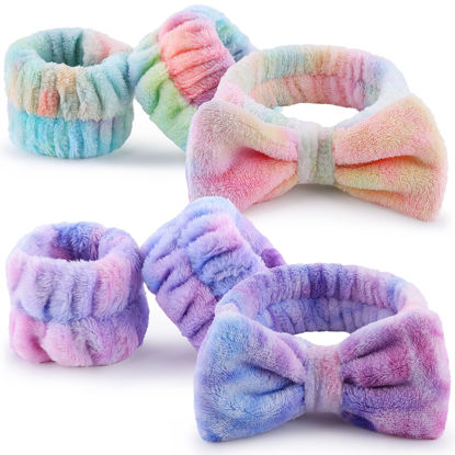Picture of WSYUB Spa and Makeup Headband Set - Gorgeous Tie Dye Color Cosmetic Headband and Absorbent Wrist Towels for Skincare, Face Washing, and Makeup Application (6 pcs)