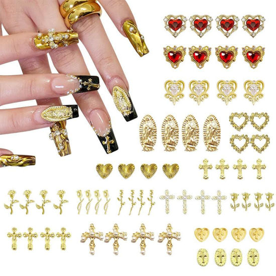 Picture of 64pcs Gold Nail Charms Set with Gold Cross, Hearts, Rose, and Virgin Mary - Y2K 3D Chrome Nail Decorations
