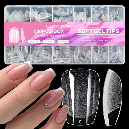Picture of AddFavor 600pcs Short Coffin Nail Tips, Soft Gel X Nail Tips XS Short Ballerina Clear Fake Nails Full Cover Acrylic Nail Tips for Extension Nail Manicure Salon Home DIY