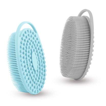 Picture of Silicone Body Scrubber, Exfoliating Silicone Loofah, Soft Silicone Body Shower, 2 in 1 Bath and Shampoo Brush, Body Scrubber Shower Cleaning for Sensitive Skin, Lather Well 2 PCS Grey and Blue