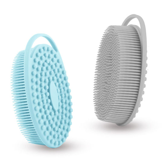Picture of Silicone Body Scrubber, Exfoliating Silicone Loofah, Soft Silicone Body Shower, 2 in 1 Bath and Shampoo Brush, Body Scrubber Shower Cleaning for Sensitive Skin, Lather Well 2 PCS Grey and Blue