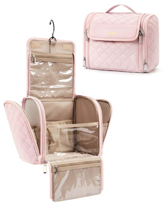 Picture of BAGSMART Makeup Bag Cosmetic Travel Bag with Hanging Hook, Water-resistant Make Up Bag Organizer for Accessories, Brushes, Sponge, Full-size Container, Toiletries, Pink