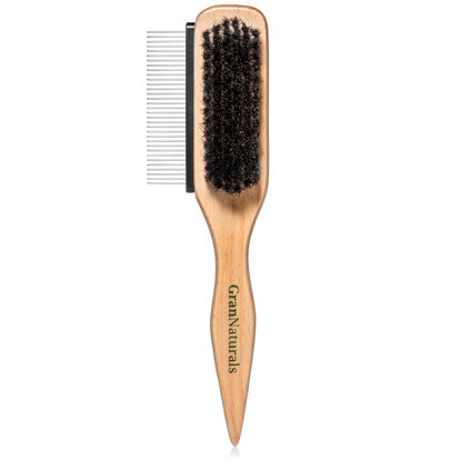 Picture of GranNaturals Boar Bristle Slick Back Hair Brush w/Comb for Smoothing Sleek Ponytail Bun - Wide Rat Tail & Metal Comb Hairbrush for Parting, Teasing, Backcombing, Sectioning, Edge Control, Flyaways