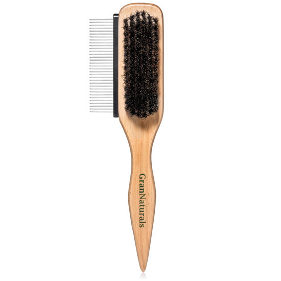 Picture of GranNaturals Boar Bristle Slick Back Hair Brush w/Comb for Smoothing Sleek Ponytail Bun - Wide Rat Tail & Metal Comb Hairbrush for Parting, Teasing, Backcombing, Sectioning, Edge Control, Flyaways