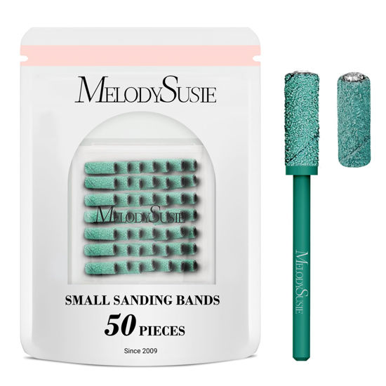 Picture of MelodySusie 50 Pcs Nail Drill Bits Small Sanding Bands with 3.1mm Mandrel Bit, 120 Medium Grit Nail File for Acrylic Nails Gel Manicures and Pedicure, Dark Green
