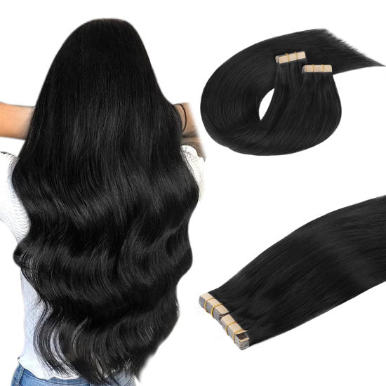Picture of DOORES Hair Extensions Tape in, Jet Black 22 Inch 100g 40pcs,Tape in Human Hair Extensions Remy Straight Hair Extensions Seamless Tape in Extensions Skin Weft