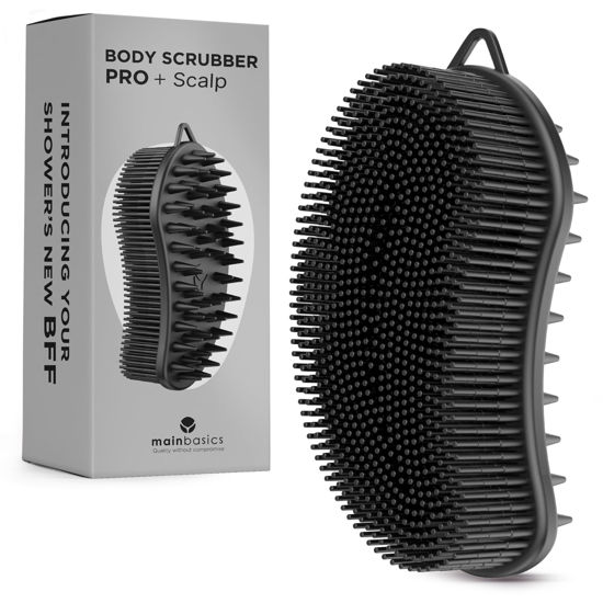 Picture of MainBasics Exfoliating Silicone Body Scrubber Pro 2-in-1 Shower Scrubber for Body, Silicone Loofah and Scalp Massager (Black, Body + Scalp)