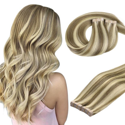 Picture of DOORES Tape in Human Hair Extensions, Light Brown Highlighted Medium Blonde 20 Inch 100g 40pcs, Hair Extensions Tape in Skin Weft Seamless Tape in Hair Invisible