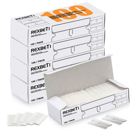 Picture of REXBETI 400PCS Single Edge Razor Blades, Industrial Scraper Razor Blades, One Edge Razor Blade, Replacement Box Cutter Blades, Suitable for Removing Labels, Decals, Stickers