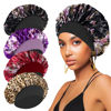 Picture of 4PCS Silk Bonnet for Sleeping,Satin Bonnets Hair Wrap Cap for Black Women Men for Curly Hair,Elastic Wide Band Hair Bonnet Print Shower Cap for Sleeping (Black & Wine Red & Purple & Leopard Pattern)